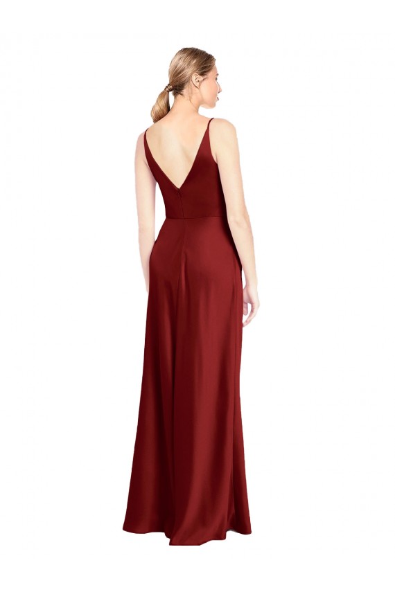 Cheap Sleeveless V-Neck Stretch Satin Burgundy Long Formal Dresses Canada
