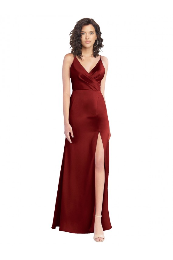 Cheap Sleeveless V-Neck Stretch Satin Burgundy Long Formal Dress Canada
