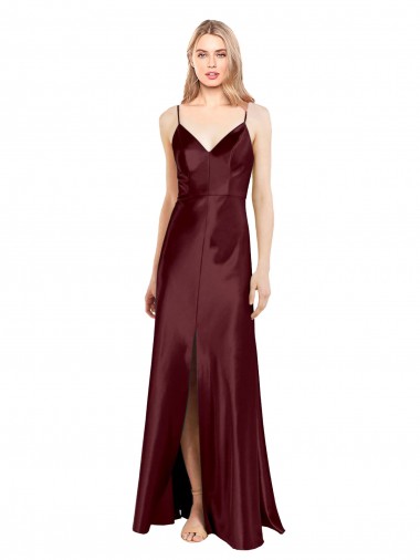 Cheap Sleeveless V-Neck Stretch Satin Burgundy Gold Long Formal Gowns Canada