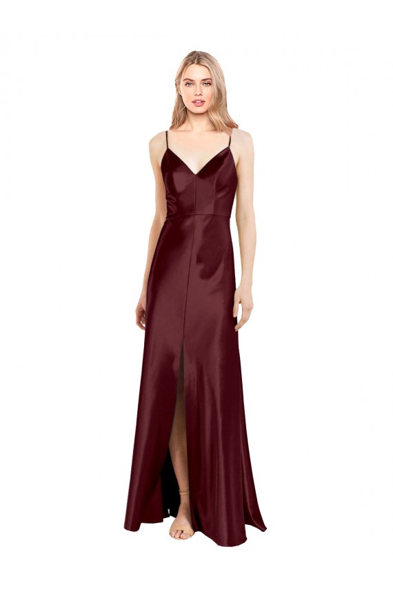 Cheap Sleeveless V-Neck Stretch Satin Burgundy Gold Long Formal Gowns Canada