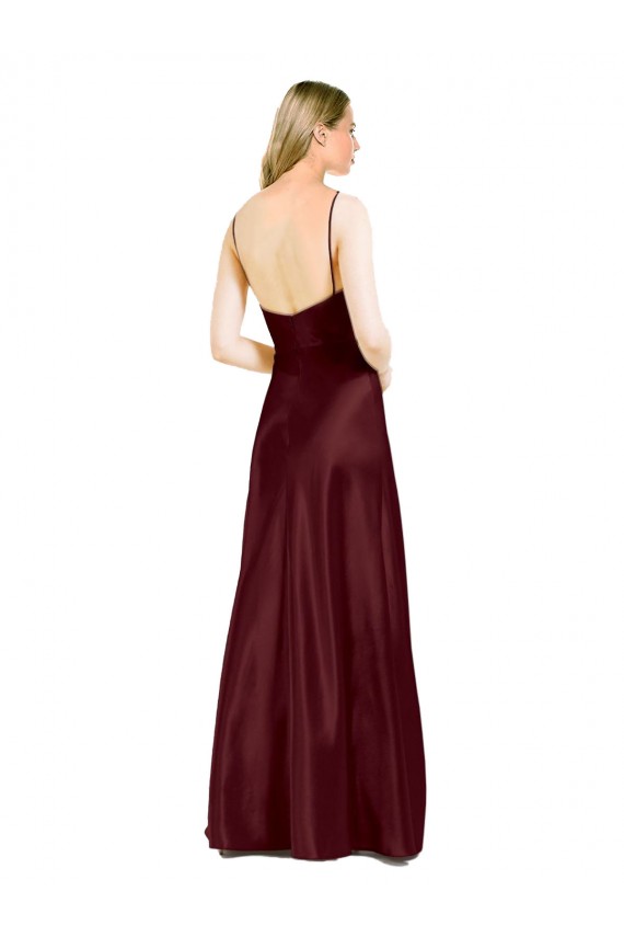 Cheap Sleeveless V-Neck Stretch Satin Burgundy Gold Long Formal Gowns Canada