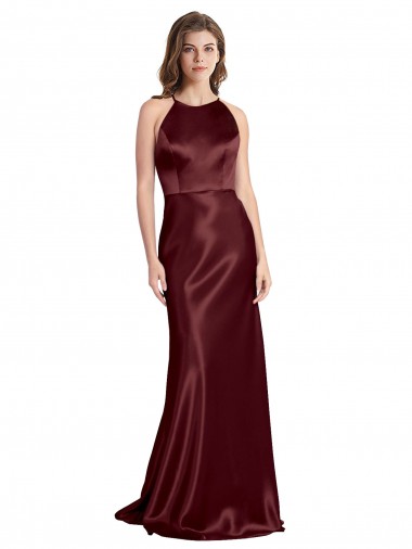 Cheap Sleeveless V-Neck Stretch Satin Burgundy Gold Long Formal Dress Canada
