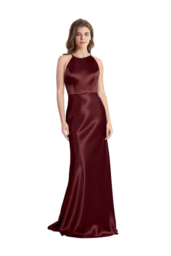 Cheap Sleeveless V-Neck Stretch Satin Burgundy Gold Long Formal Dress Canada