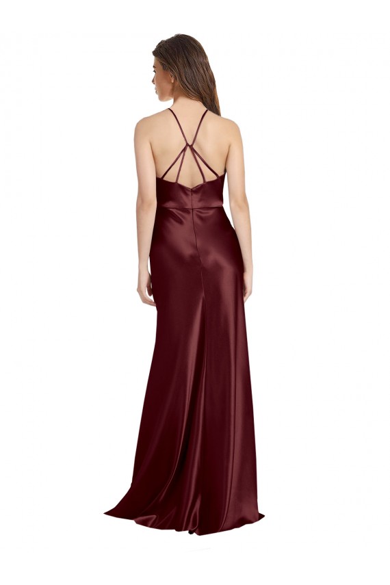 Cheap Sleeveless V-Neck Stretch Satin Burgundy Gold Long Formal Dress Canada