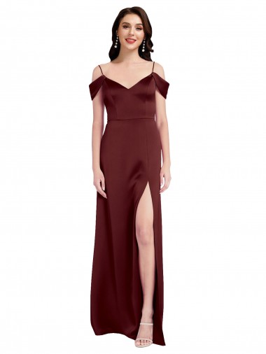 Cheap Sleeveless V-Neck Stretch Satin Burgundy Gold Long Formal Dresses Canada