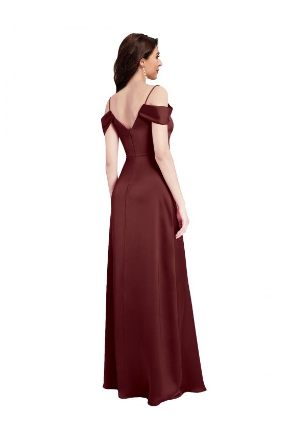 Cheap Sleeveless V-Neck Stretch Satin Burgundy Gold Long Formal Dresses Canada