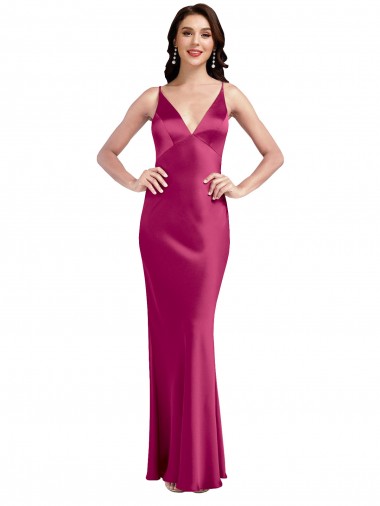 Cheap Sleeveless V-Neck Stretch Satin Fuchsia Long Formal Dress Canada