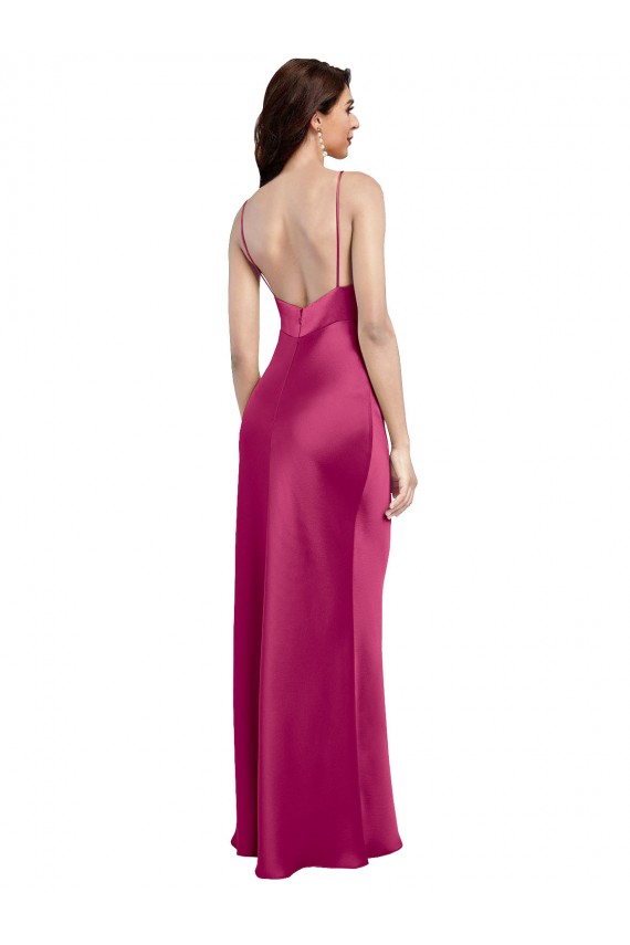 Cheap Sleeveless V-Neck Stretch Satin Fuchsia Long Formal Dress Canada