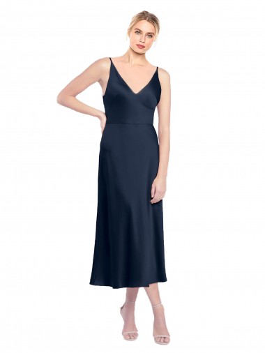 Cheap Sleeveless V-Neck Stretch Satin Dark Navy Midi Length Formal Dress Canada