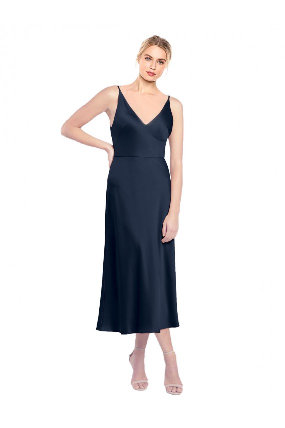 Cheap Sleeveless V-Neck Stretch Satin Dark Navy Midi Length Formal Dress Canada