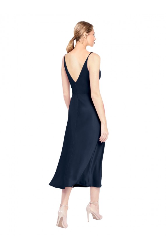 Cheap Sleeveless V-Neck Stretch Satin Dark Navy Midi Length Formal Dress Canada
