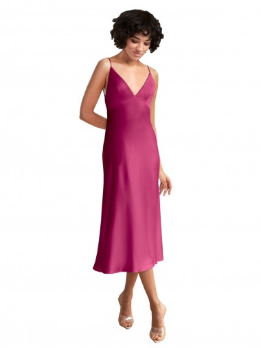 Cheap Sleeveless V-Neck Stretch Satin Fuchsia Midi Length Formal Dress Canada