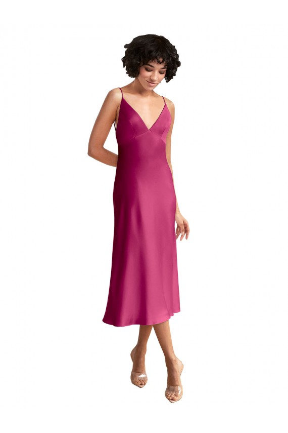 Cheap Sleeveless V-Neck Stretch Satin Fuchsia Midi Length Formal Dress Canada