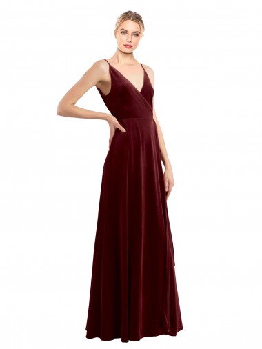 Cheap Sleeveless V-Neck Stretch Velvet Burgundy Long Formal Dresses Canada