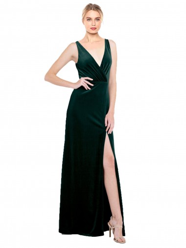 Cheap Sleeveless V-Neck Stretch Velvet Dark Green Long Black Tie Formal Dress Canada