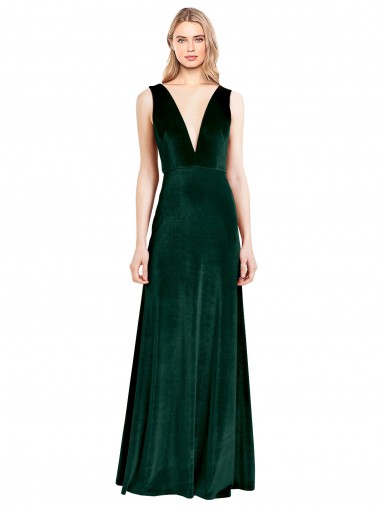 Cheap Sleeveless V-Neck Stretch Velvet Dark Green Long Formal Dress Canada
