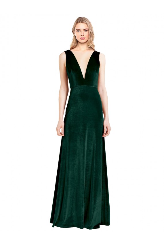 Cheap Sleeveless V-Neck Stretch Velvet Dark Green Long Formal Dress Canada