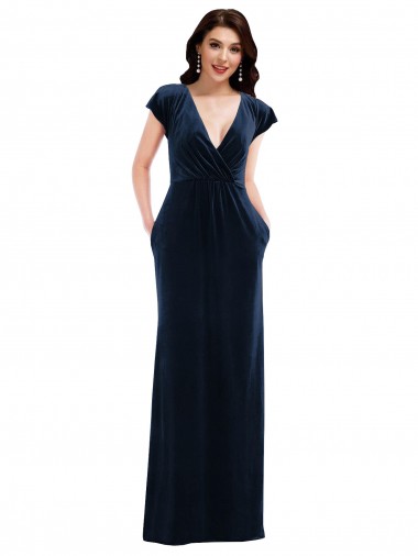 Cheap Flutter Sleeves V-Neck Stretch Velvet Dark Navy Long Formal Dress Canada