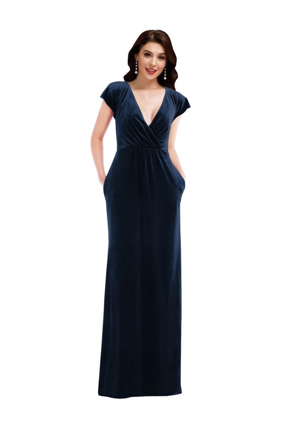 Cheap Flutter Sleeves V-Neck Stretch Velvet Dark Navy Long Formal Dress Canada