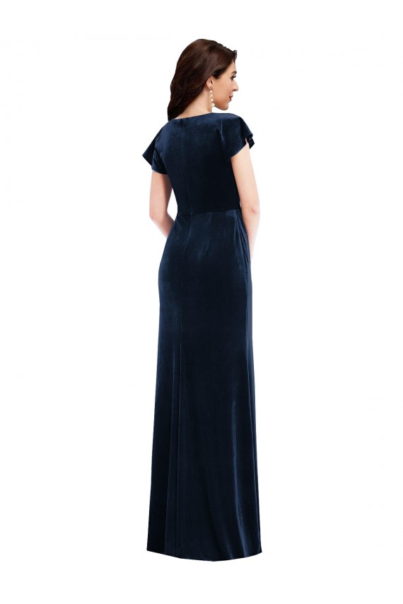 Cheap Flutter Sleeves V-Neck Stretch Velvet Dark Navy Long Formal Dress Canada