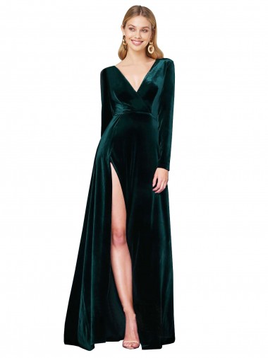 Cheap Long Sleeves V-Neck Stretch Velvet Dark Green Sweep Train Black Tie Formal Dress Canada