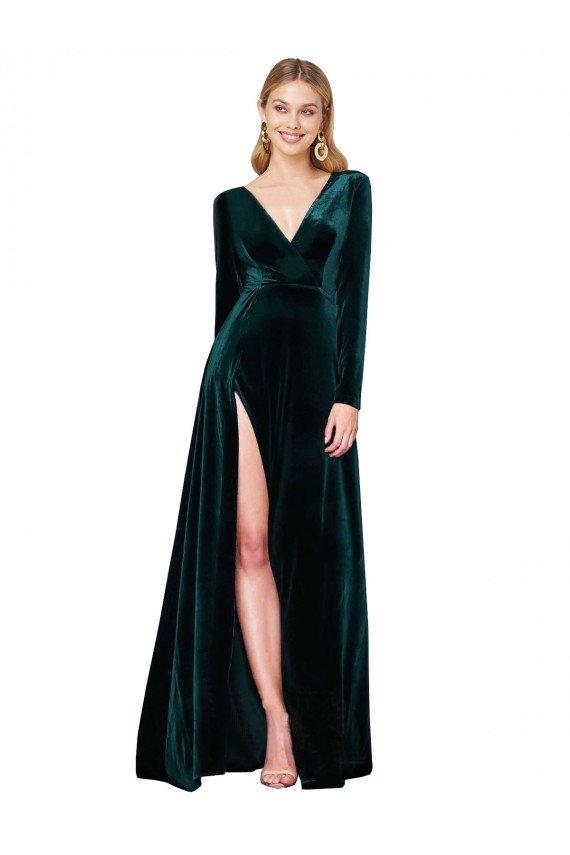 Cheap Long Sleeves V-Neck Stretch Velvet Dark Green Sweep Train Black Tie Formal Dress Canada
