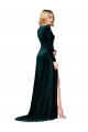 Cheap Long Sleeves V-Neck Stretch Velvet Dark Green Sweep Train Black Tie Formal Dress Canada