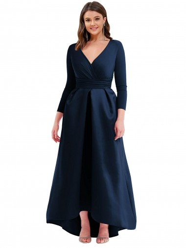 Cheap Long Sleeves V-Neck Spandex Dark Navy Long High Low Plus Size Formal Dress Canada