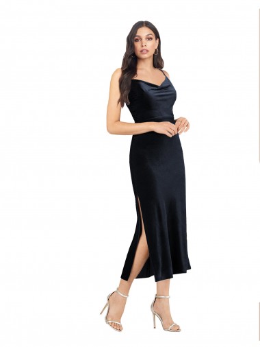 Cheap Sleeveless Cowl Neck Stretch Velvet Dark Navy Midi Length Formal Dress Canada