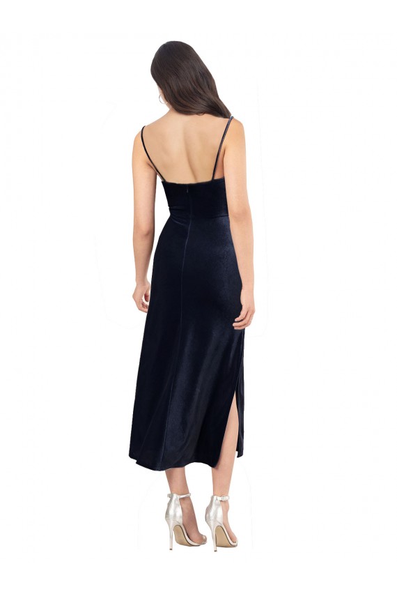 Cheap Sleeveless Cowl Neck Stretch Velvet Dark Navy Midi Length Formal Dress Canada