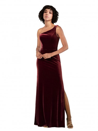 Cheap Sleeveless One Shoulder Stretch Velvet Burgundy Long Formal Dress Canada