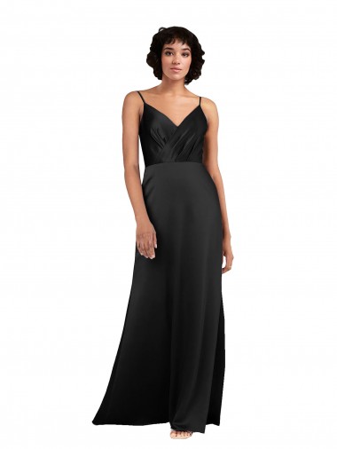 Cheap Sleeveless V-Neck Silky Satin Black Column Long Formal Dress Canada