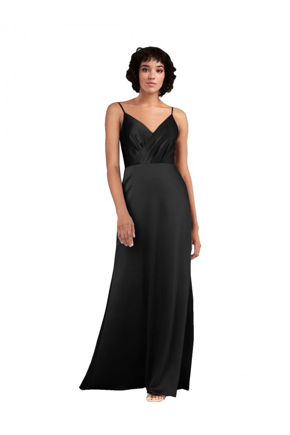 Cheap Sleeveless V-Neck Silky Satin Black Column Long Formal Dress Canada