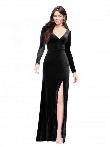 Cheap Long Sleeves V-Neck Stretch Velvet Black Long Formal Dress Canada