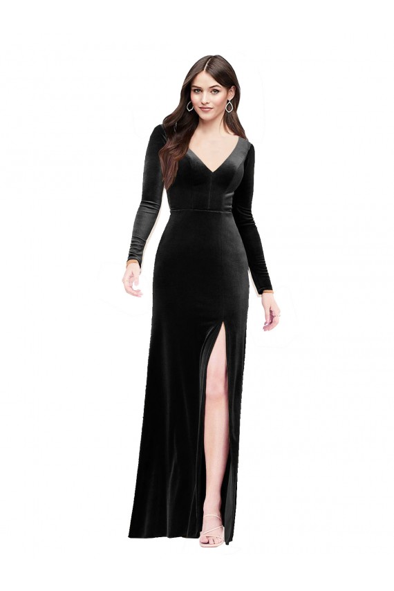 Cheap Long Sleeves V-Neck Stretch Velvet Black Long Formal Dress Canada