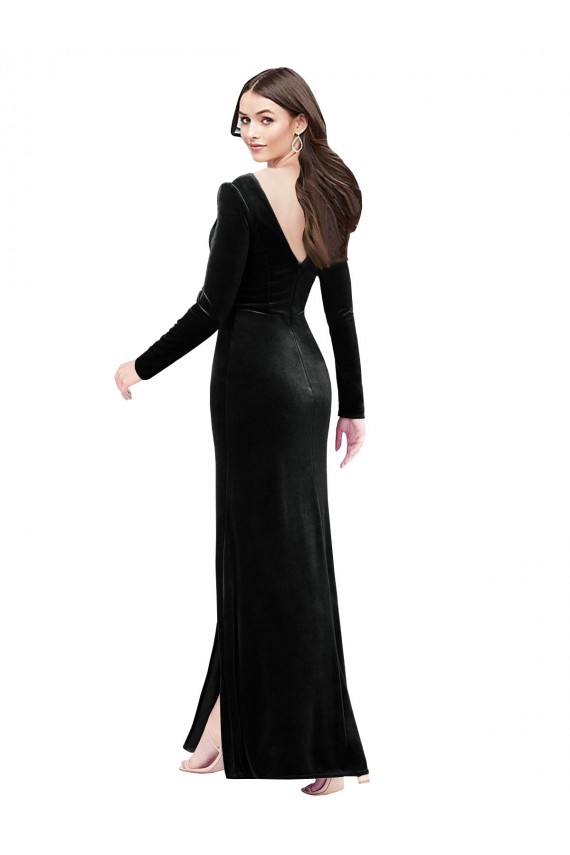Cheap Long Sleeves V-Neck Stretch Velvet Black Long Formal Dress Canada