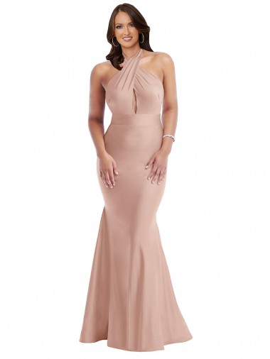 Cheap Sleeveless Halter Neck Silky Satin Dusty Pink Long Formal Plus Size Formal Dress Canada