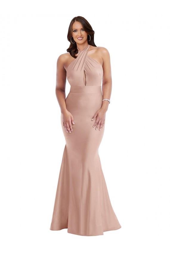Cheap Sleeveless Halter Neck Silky Satin Dusty Pink Long Formal Plus Size Formal Dress Canada