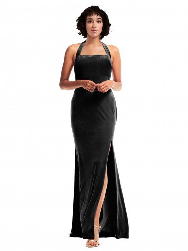 Cheap Sleeveless Halter Neck Stretch Velvet Black Long Formal Dress Canada