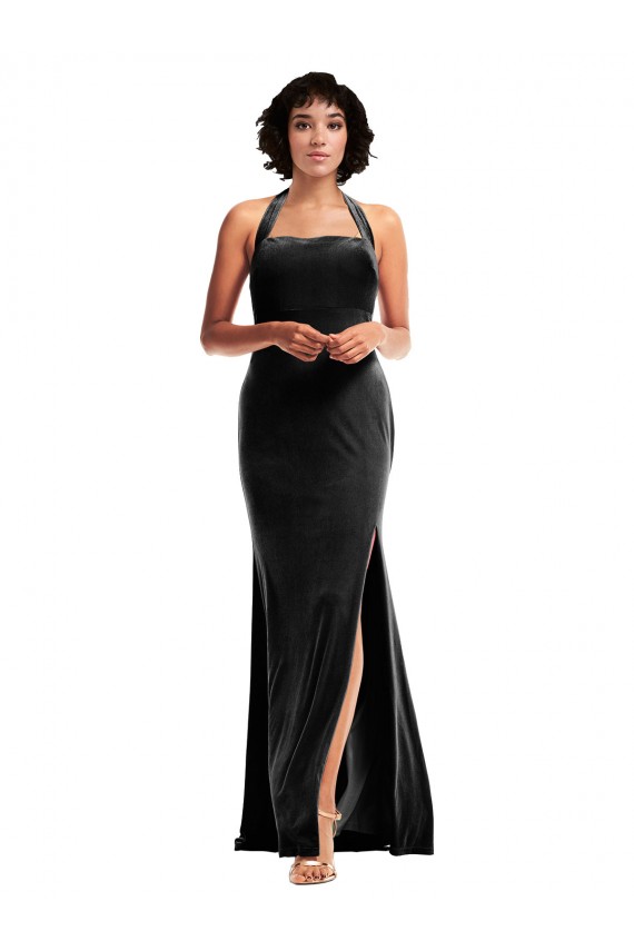 Cheap Sleeveless Halter Neck Stretch Velvet Black Long Formal Dress Canada