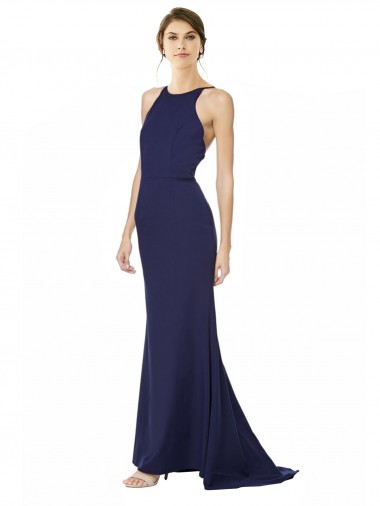 Cheap Sleeveless High Neck Stretch Crepe Navy Blue Long Formal Gowns Canada