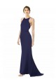 Cheap Sleeveless High Neck Stretch Crepe Navy Blue Long Formal Gowns Canada