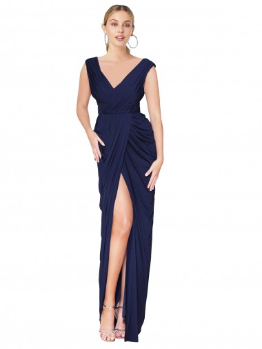 Cheap Sleeveless High Neck Chiffon Dark Navy Long Formal Dress Canada