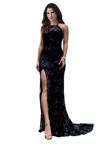 Cheap Sleeveless High Neck Lace Black Long Black Tie Formal Dress Canada