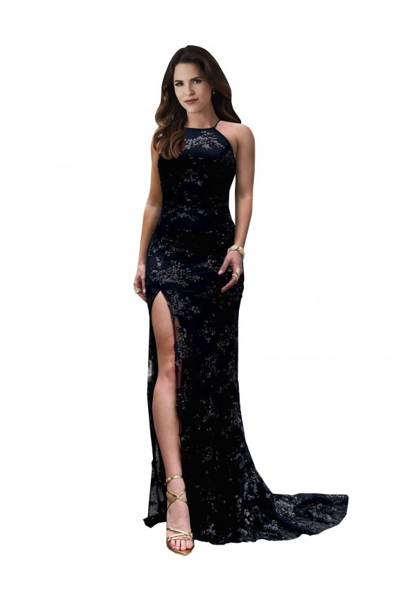 Cheap Sleeveless High Neck Lace Black Long Black Tie Formal Dress Canada