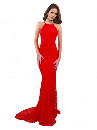Cheap Sleeveless High Neck Lace Red Long Formal Dress Canada