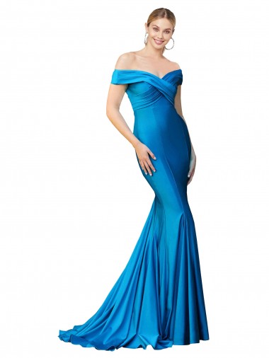 Cheap Sleeveless High Neck Satin Peacock Blue Long Formal Dress Canada