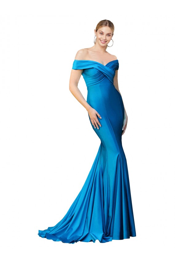 Cheap Sleeveless High Neck Satin Peacock Blue Long Formal Dress Canada