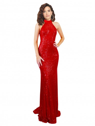 Cheap Sleeveless High Neck Sequin Red Long Formal Dress Canada