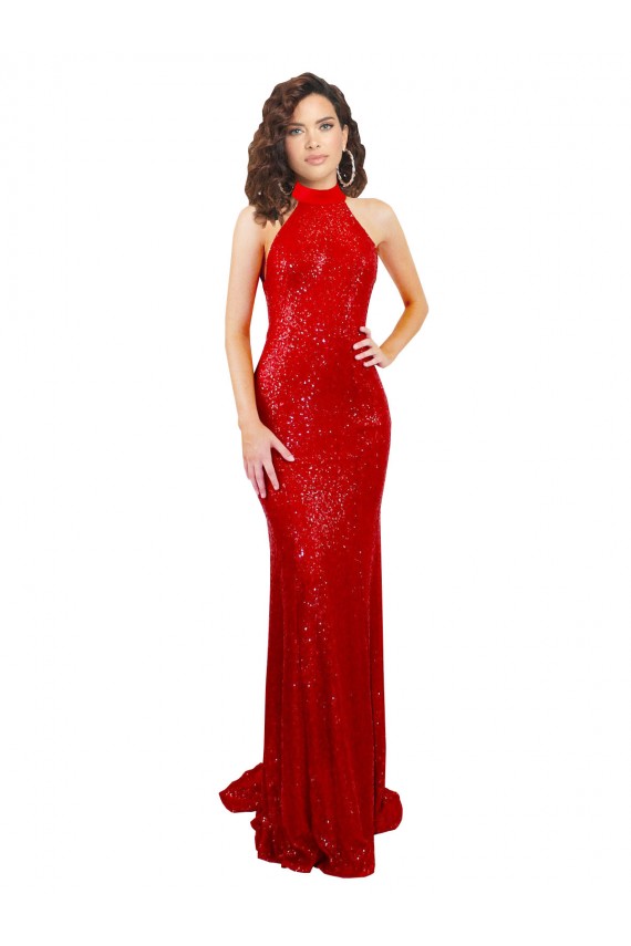 Cheap Sleeveless High Neck Sequin Red Long Formal Dress Canada